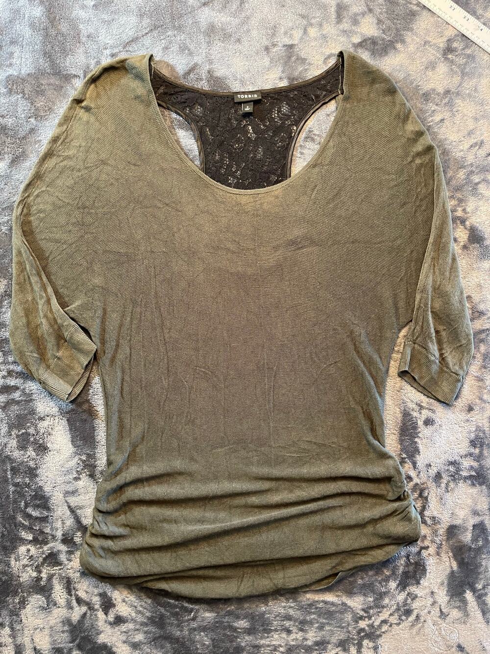 Torrid Olive Green Scoop Neck Ribbed Knit Top Detailed Lace Racerback Size 2X